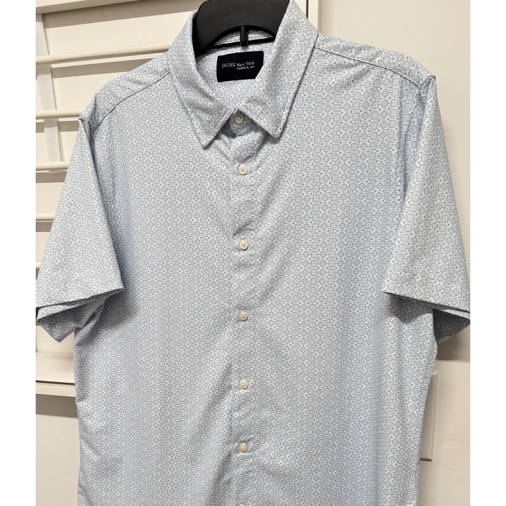 Jachs New York Mens L Blue Geometric Print Short Sleeve Button Down Stretch